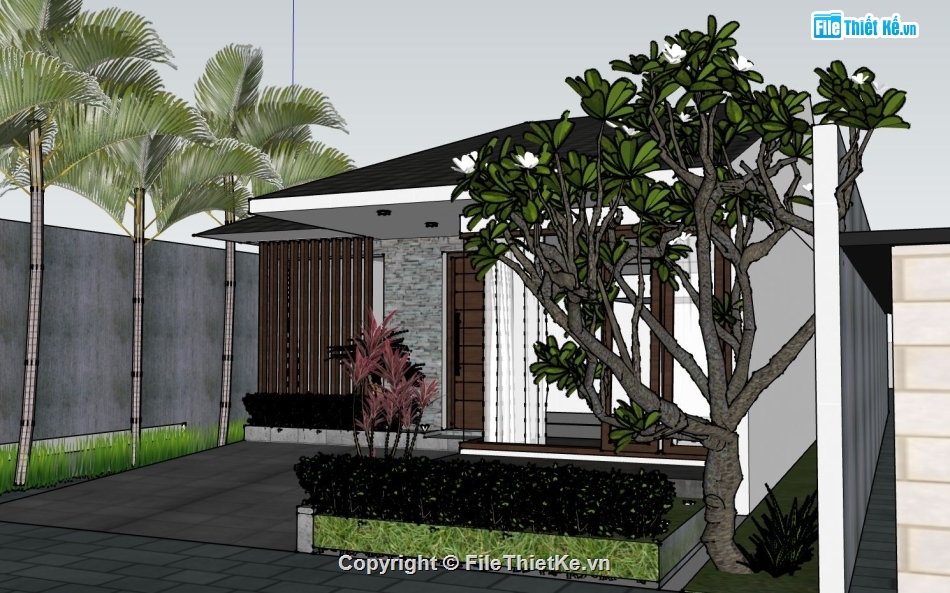 nhà mái nhật 1 tầng,file sketchup nhà mái nhật,sketchup nhà 1 tầng,nhà mái nhật 7x14m