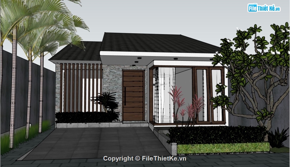 nhà mái nhật 1 tầng,file sketchup nhà mái nhật,sketchup nhà 1 tầng,nhà mái nhật 7x14m