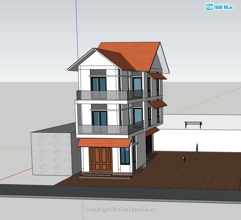 nhà phố 3 tầng,file sketchup nhà phố 3 tầng,mẫu nhà phố hiện đại,phối cảnh nhà phố 3 tầng