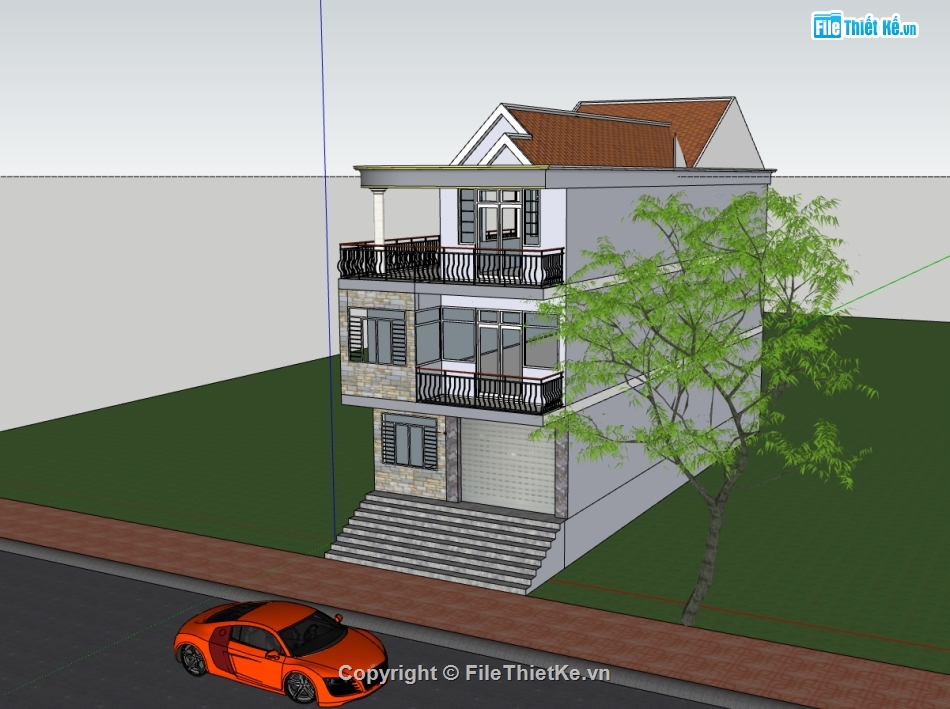 nhà phố 3 tầng,model su nhà phố 3 tầng,nhà phố 3 tầng sketchup,file su nhà phố 3 tầng