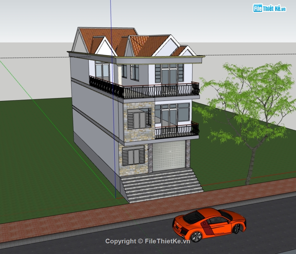 nhà phố 3 tầng,model su nhà phố 3 tầng,nhà phố 3 tầng sketchup,file su nhà phố 3 tầng