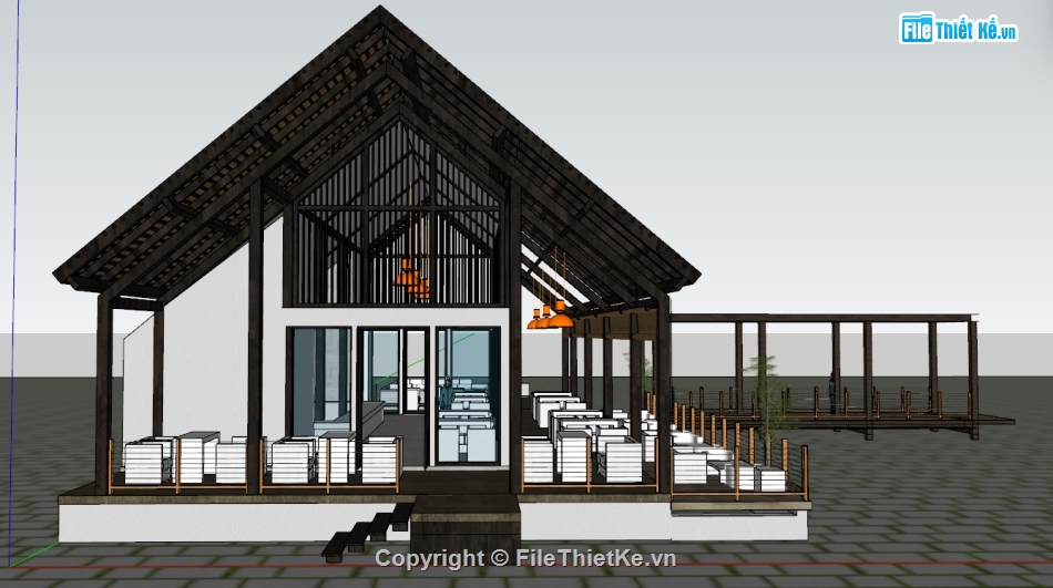 File sketchup quán cafe sân vườn,File Sketchup quán cafe,Sketchup,quán cafe,nhà gỗ