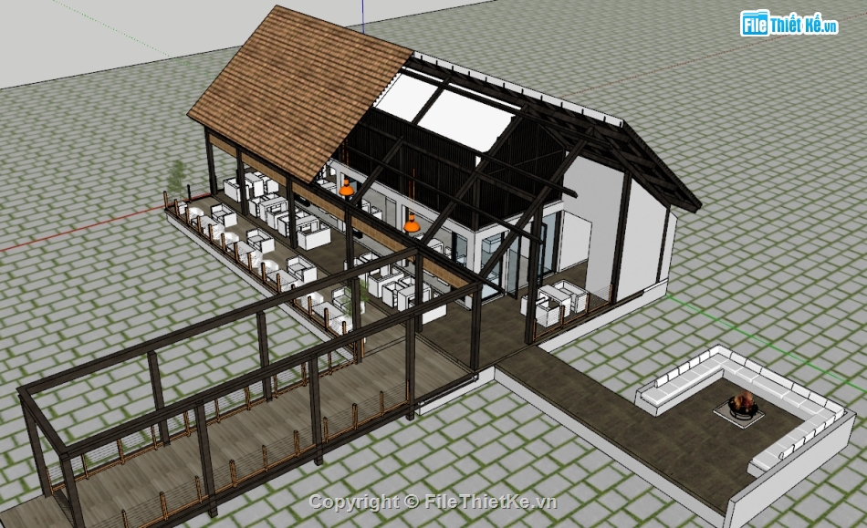 File sketchup quán cafe sân vườn,File Sketchup quán cafe,Sketchup,quán cafe,nhà gỗ