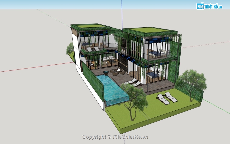 sketchup villa 2 tầng,mẫu villa hiện đại,biệt thự villa sketchup