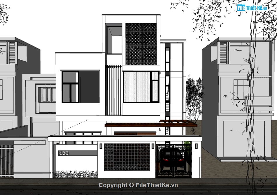 nhà phố 3 tầng,su nhà phố,sketchup nhà phố