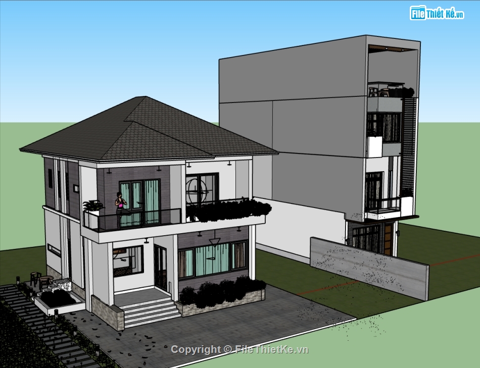 nhà 4 tầng,sketchup nhà phố 4 tầng,su nhà phố