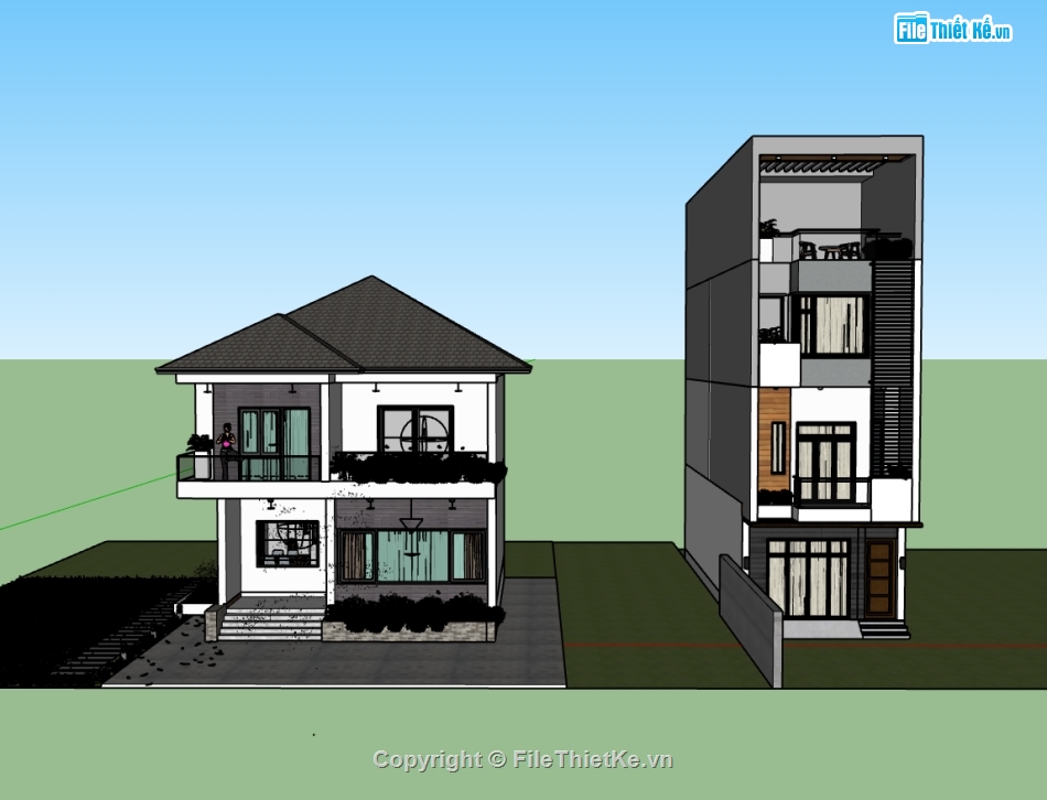 nhà 4 tầng,sketchup nhà phố 4 tầng,su nhà phố