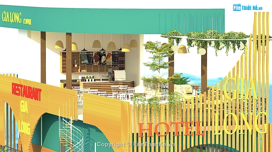 nhà hàng cafe,khách sạn 22x5.5m,file su quán cà phê,thiết kế khu phức hợp