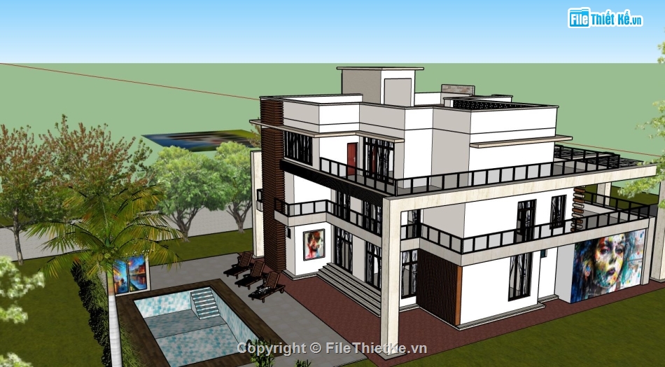 villa 2 tầng,sketchup villa 2 tầng,phối cảnh biệt thự