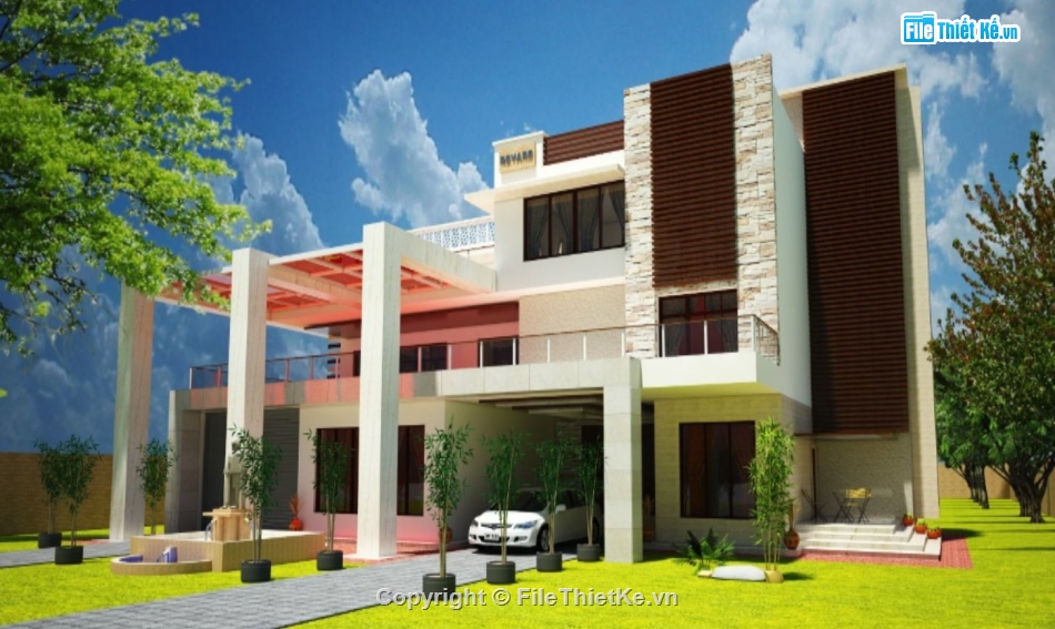 villa 2 tầng,sketchup villa 2 tầng,phối cảnh biệt thự