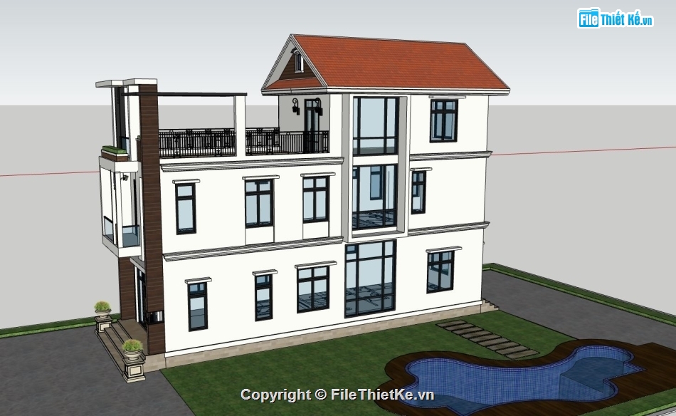 ngoại thất nhà phố 3 tầng,file sketchup nhà phố,nhà phố hiện đại,kiến trúc nhà phố