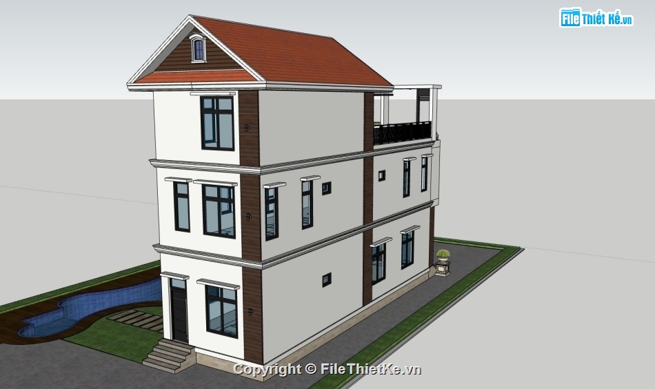 ngoại thất nhà phố 3 tầng,file sketchup nhà phố,nhà phố hiện đại,kiến trúc nhà phố