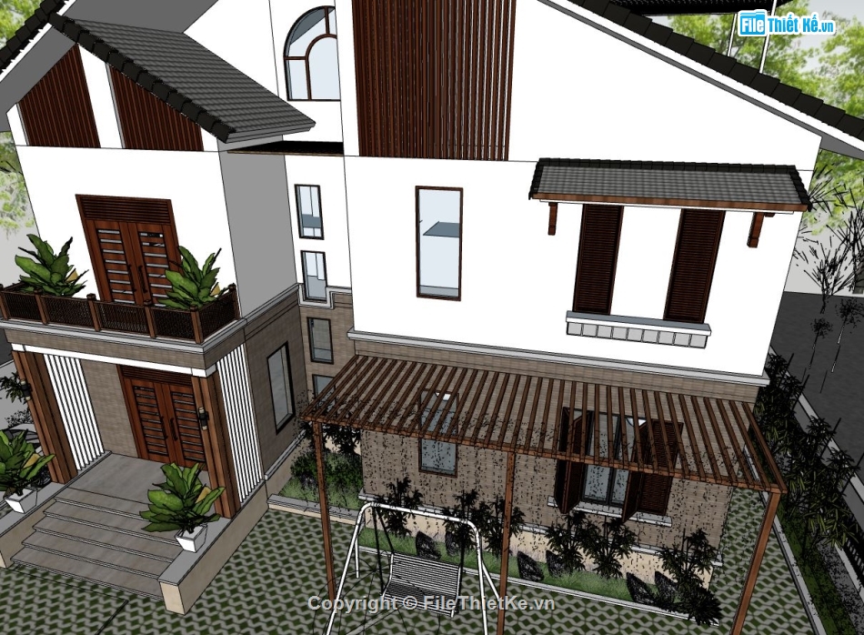 biệt thự 2 tầng,file sketchup biệt thự 2 tầng,phối cảnh biệt thự,biệt thự hiện đại