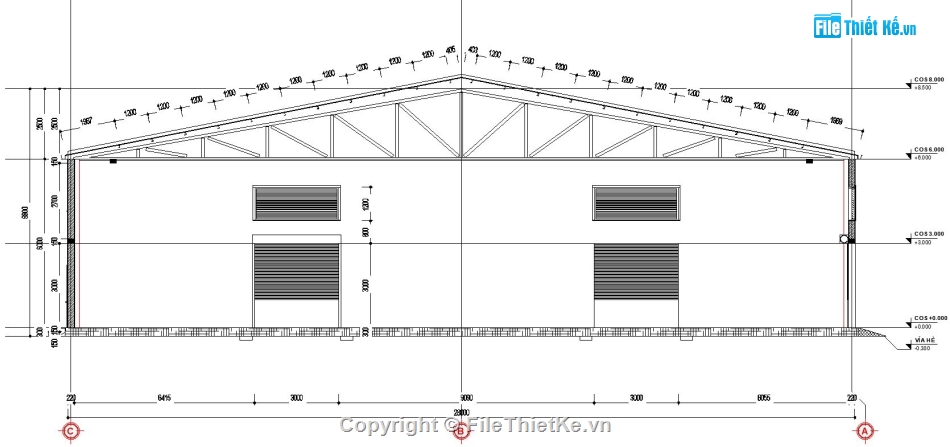 kết cấu vì kèo tam giác,Gara trưng bày xe,Bản vẽ nhà kho nhịp 28m,File cad nhà xưởng nhịp 28m