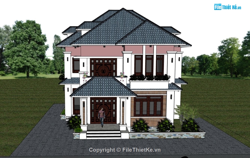 biệt thự 2 tầng,phối cảnh biệt thự,mẫu biệt thự hiện đại,sketchup biệt thự