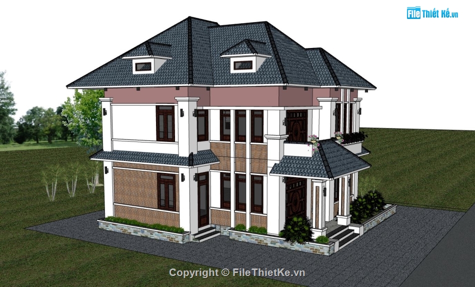 biệt thự 2 tầng,phối cảnh biệt thự,mẫu biệt thự hiện đại,sketchup biệt thự