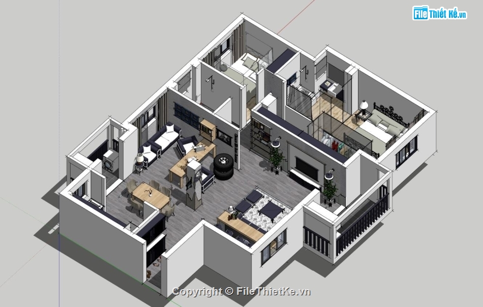 sketchup nội thất chung cư,sketchup nội thất hiện đại,sketchup nội thất khách bếp