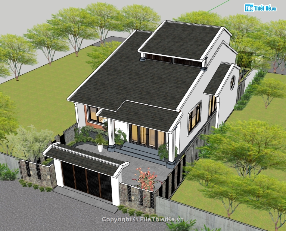 biệt thự 1 tầng,biệt thự sketchup,sketchup biệt thự