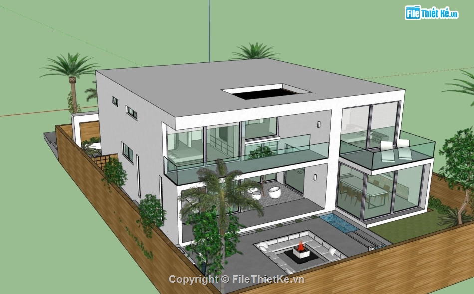 biệt thự 2 tầng,model biệt thự 2 tầng su,file sketchup biệt thự,phối cảnh biệt thự 2 tầng