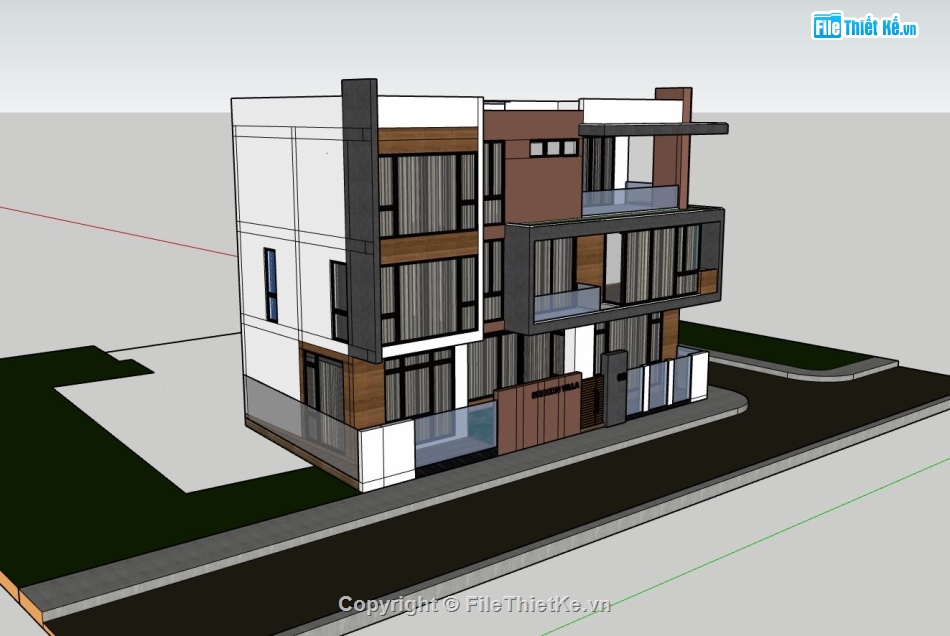 biệt thự sketchup,bản vẽ biệt thự phố 3 tầng,phối cảnh biệt thự 3 tầng,mẫu 3dsu biệt thự 3 tầng