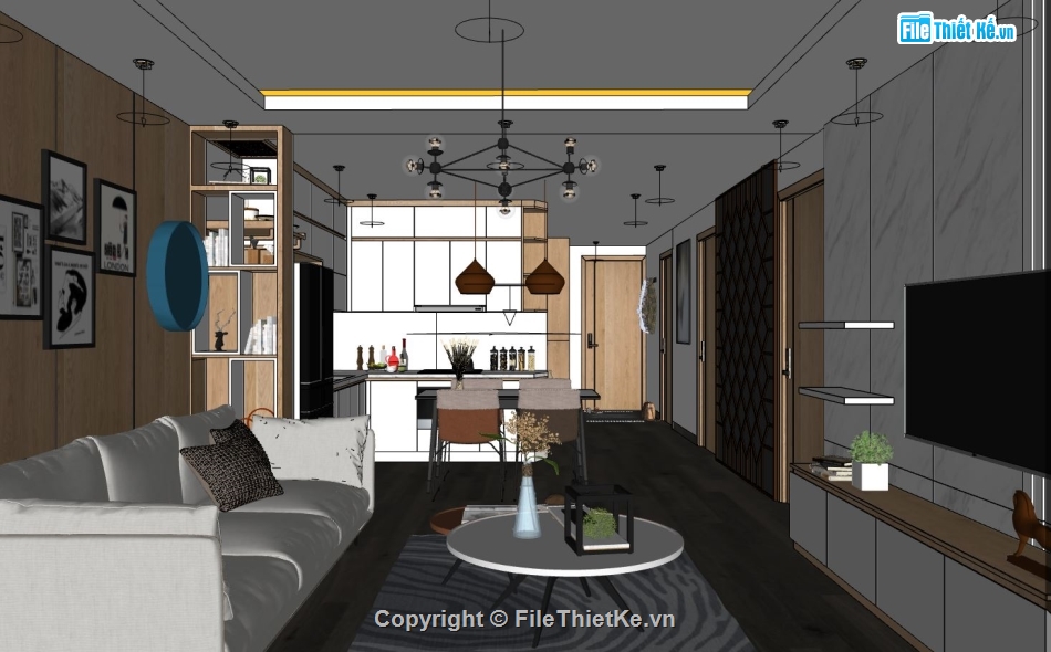 nội thất chung cư sketchup,sketchup nội thất phòng khách,mẫu sketchup nội thất phòng bếp