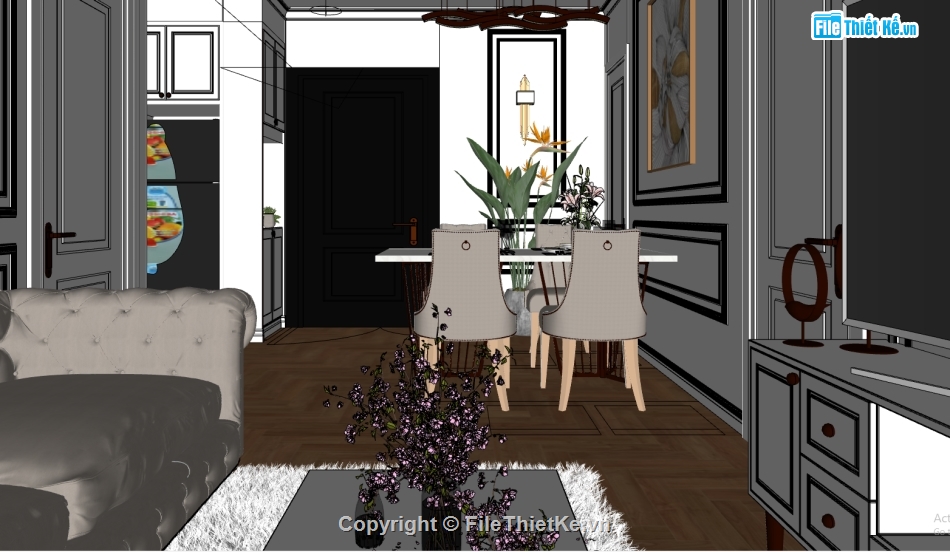 sketchup nội thất phòng bếp,sketchup nội thất căn hộ,sketchup nội thất phòng khách bếp,su mẫu phòng khách