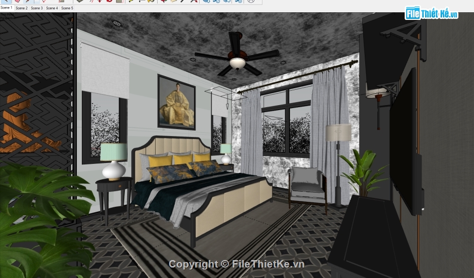 sketchup nội thất indochine,nội thất phòng ngủ,file su phòng ngủ