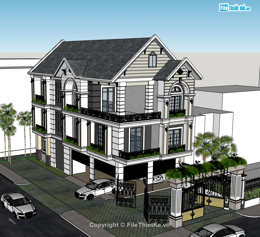 su biệt thự,sketchup biệt thự,su biệt thự 3 tầng,sketchup biệt thự 3 tầng