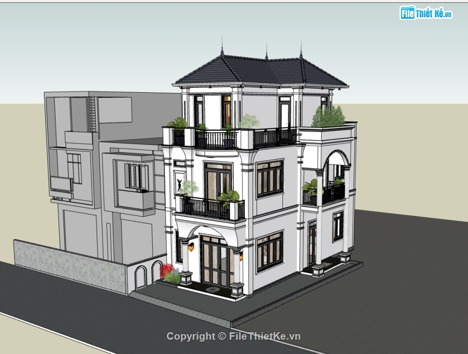 nhà phố 3 tầng,su nhà phố,sketchup nhà phố