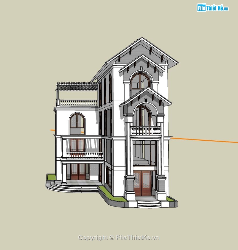 nhà chữ L,nhà 4 tầng chữ L,sketchup nhà chữ L