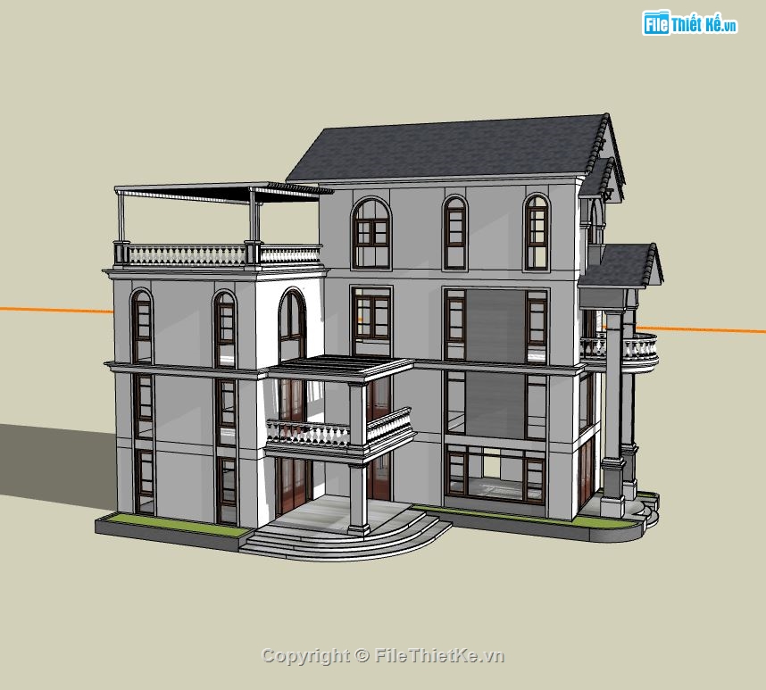 nhà chữ L,nhà 4 tầng chữ L,sketchup nhà chữ L