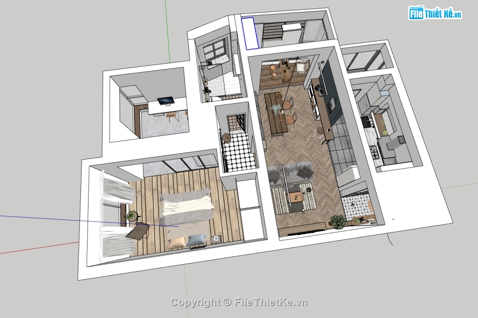 sketchup nội thất phòng ngủ,sketchup nội thất chung cư,model nội thất khách bếp,nội thất chung cư đẹp