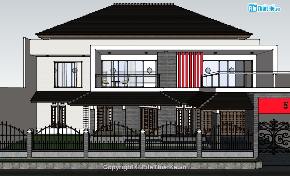 thiết kế biệt thự 2 tầng,biệt thự sketchup,model sketchup biệt thự 2 tầng,phối cảnh biệt thự 2 tầng