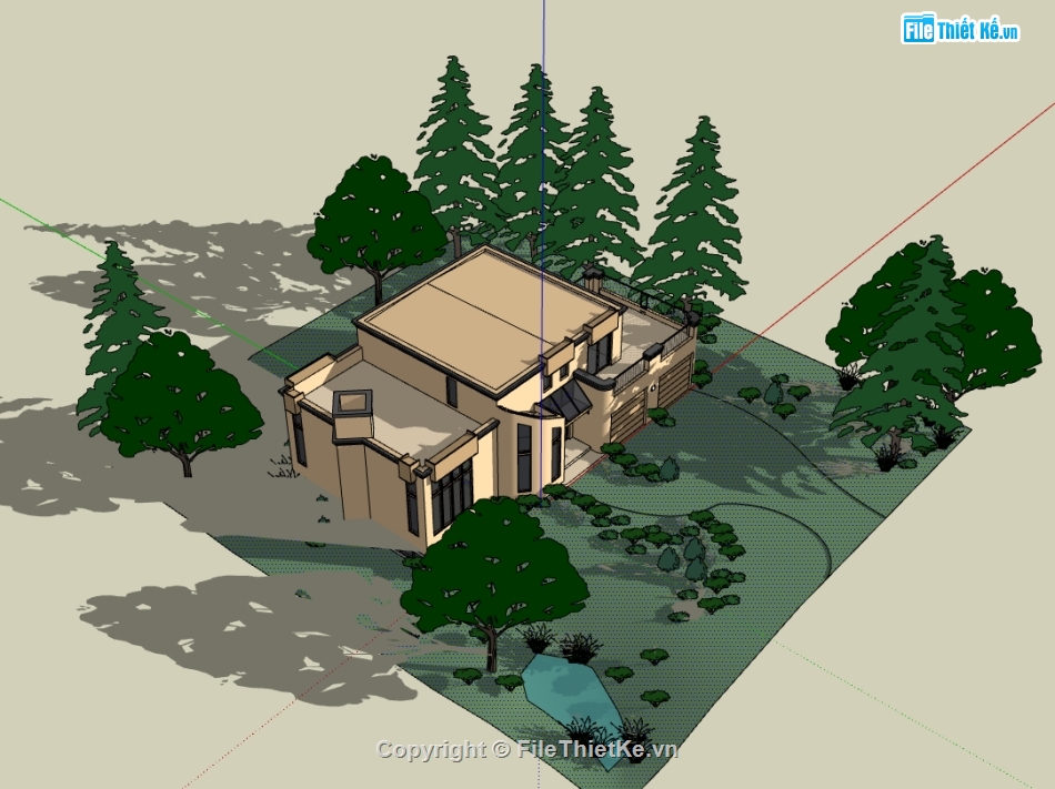 thiết kế biệt thự 1 tầng mái bằng,dựng sketchup biệt thự 1 tầng,mẫu nhà 1 tầng dựng file su