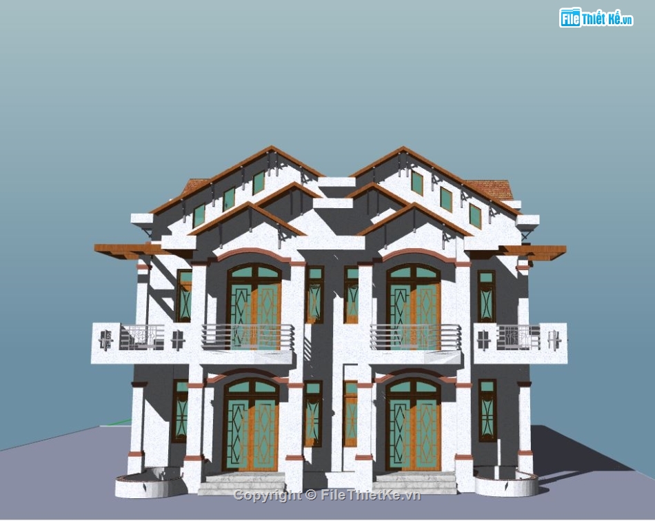 Model biệt thự 2 tầng,mẫu biệt thự sketchup,biệt thự song lập,phối cảnh biệt thự 2 tầng