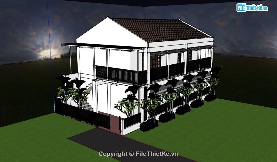 sketchup nhà nông thôn,Model sketchup nhà 2 tầng,nhà 2 tầng đơn giản