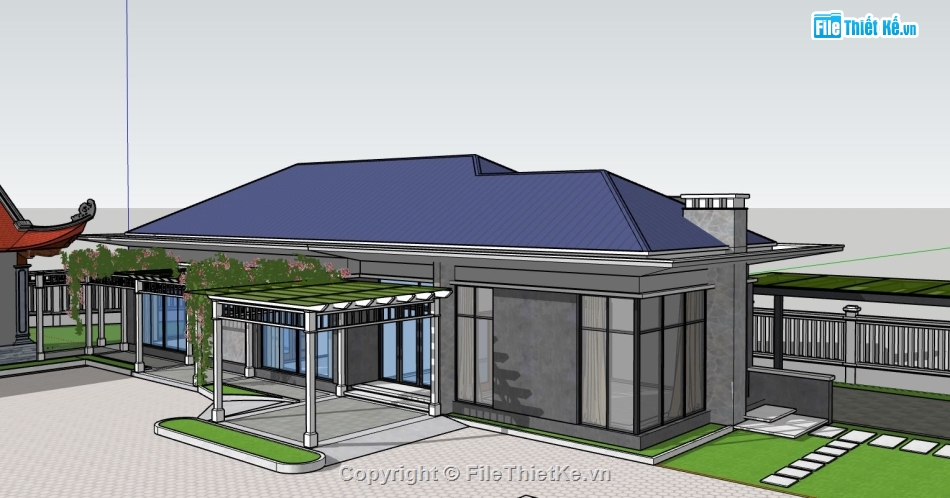 sketchup biệt thự,biệt thự 1 tầng,phối cảnh biệt thự,sketchup biệt thự 1 tầng