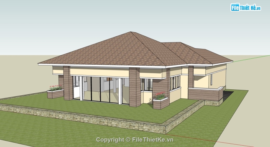 biệt thự 1 tầng,sketchup biệt thự,sketchup biệt thự 1 tầng,phối cảnh biệt thự 1 tầng