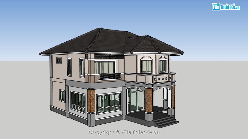 biệt thự sketchup,biệt thự 2 tầng,Model sketchup biệt thự,phối cảnh biệt thự 2 tầng