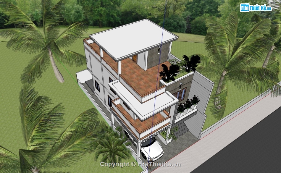 biệt thự 2 tầng,sketchup biệt thự,biệt thự 2 tầng mái bằng,ngoại cảnh biệt thự