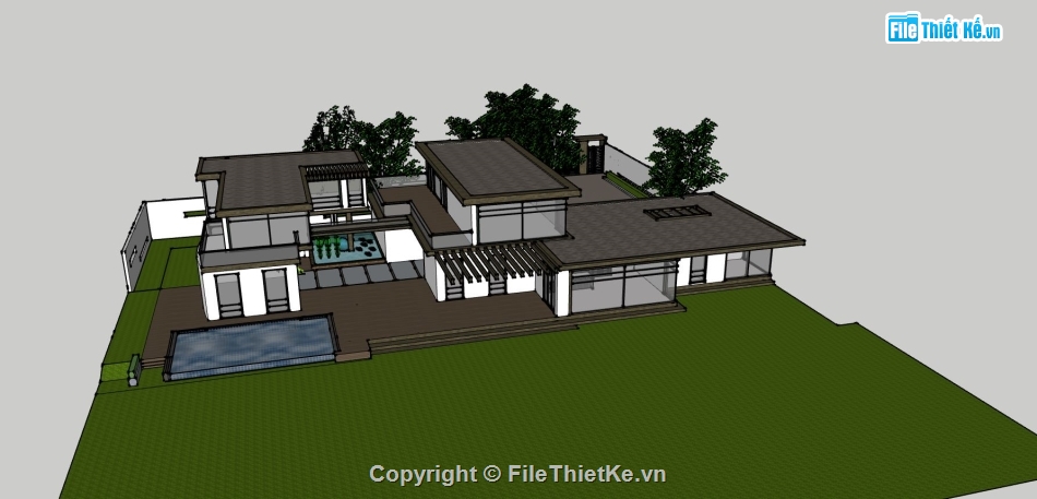 biệt thự mái bằng,biệt thự sketchup,model sketchup biệt thự 2 tầng,thiết kế biệt thự đẹp