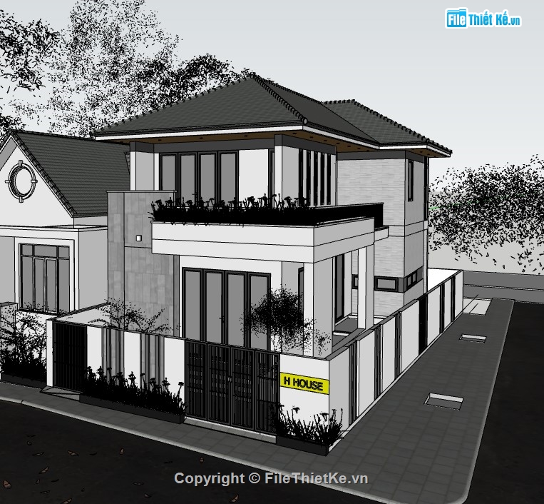 biệt thự 2 tầng,su biệt thự,sketchup biệt thự,sketchup biệt thự 2 tầng