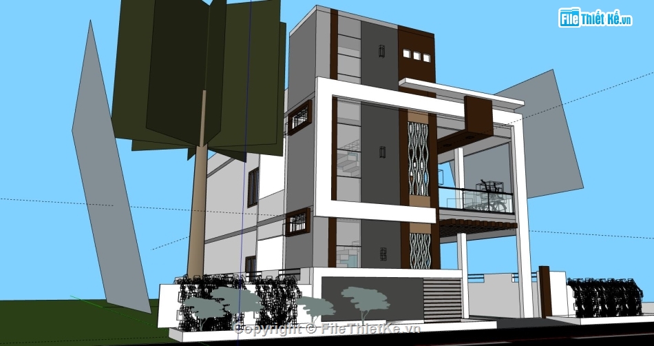 biệt thự 2 tầng,sketchup biệt thự 2 tầng,phối cảnh biệt thự 2 tầng,thiết kế biệt thự phố