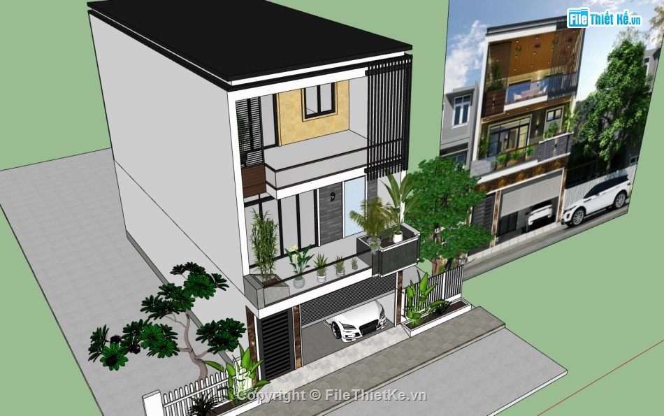 nhà phố 3 tầng,sketchup nhà phố,phối cảnh nhà phố,nhà phố hiện đại