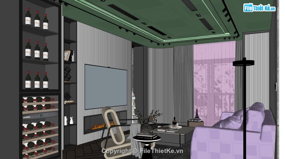 sketchup phòng khách,sketchup phòng khách chung cư,Model sketchup phòng khách,phối cảnh phòng khách bếp