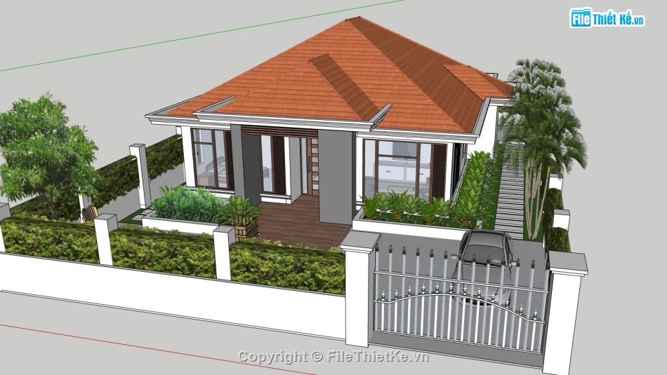 villa 1 tầng,phối cảnh villa 1 tầng,model sketchup villa