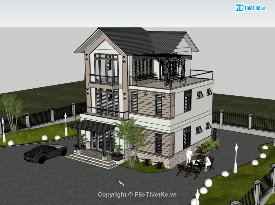 Biệt thự 3 tầng,sketchup biệt thự,sketchup biệt thự 3 tầng