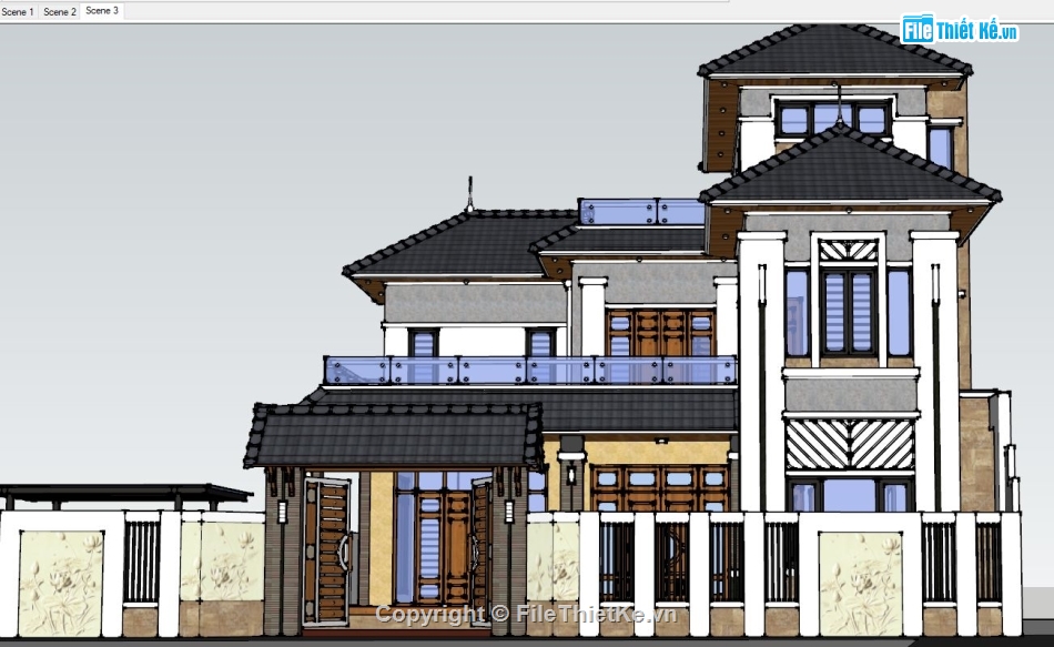 Biệt thự 2 tầng 1 tum Sketchup,File sketchup Biệt thự 2 tầng 1 tum,Model sketchup Biệt thự 2 tầng,Sketchup biệt thự 2 tầng 1 tum,3d sketchup biệt thự mái nhật,Model su biệt thự 13x16.5m