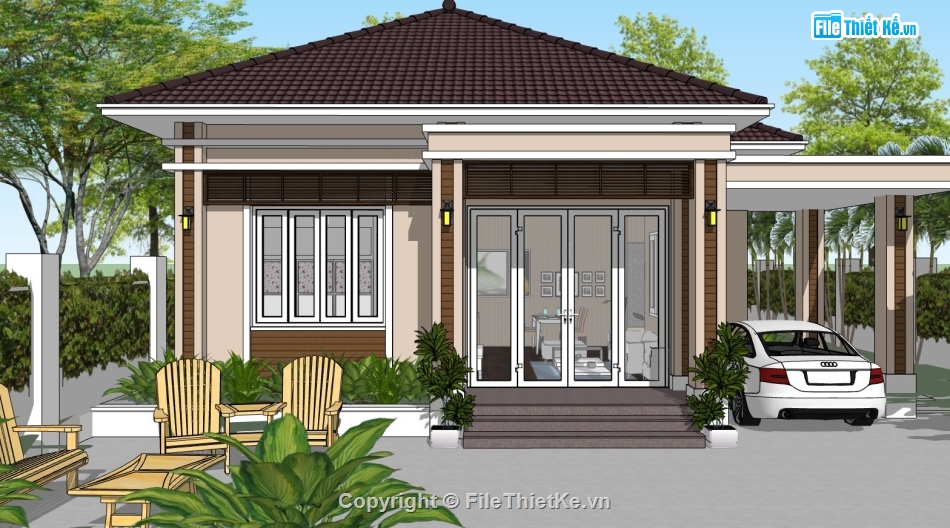 biệt thự  đẹp,biệt thự 1 tầng,biệt thự vườn 1 tầng,sketchup biệt thự