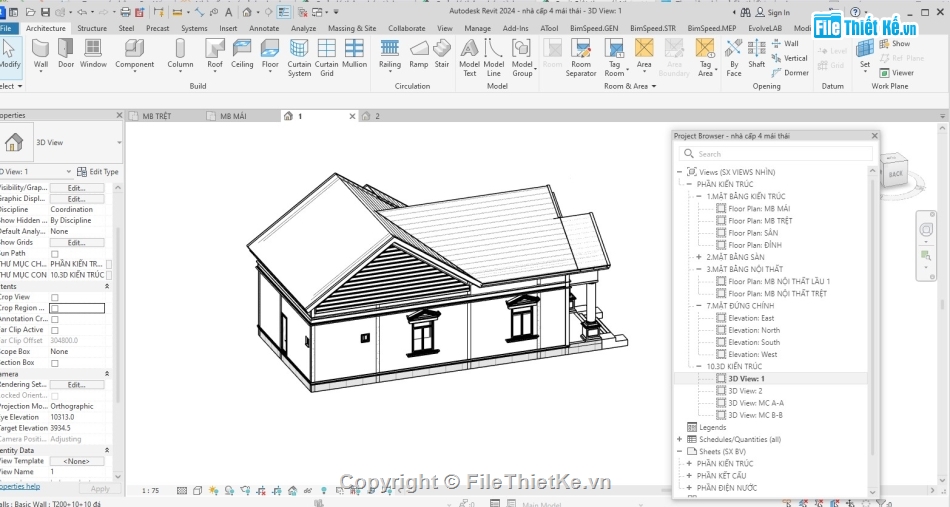 mái ngói,Nhà mái thái cấp 4,revit,kiến trúc